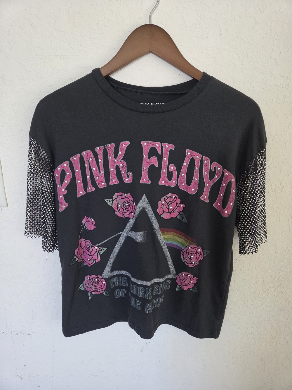 Pink Floyd XS Mesh Rhinestone Graphic Tee Y2K Glam Rock Concert Top Dark Side